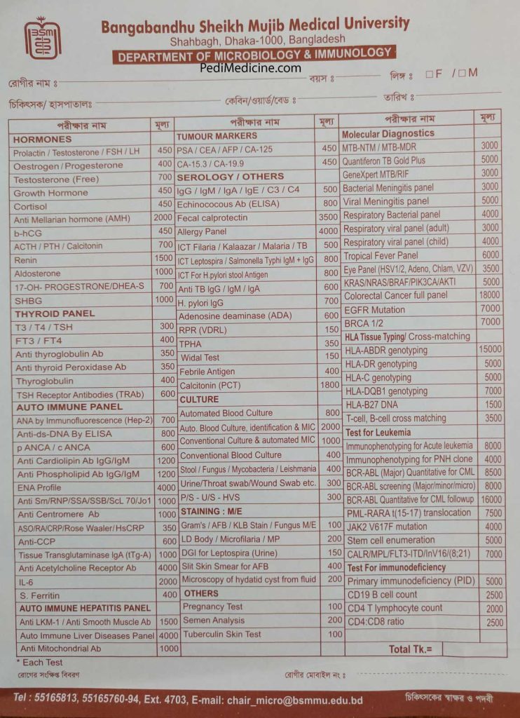 PG Hospital Test Price list